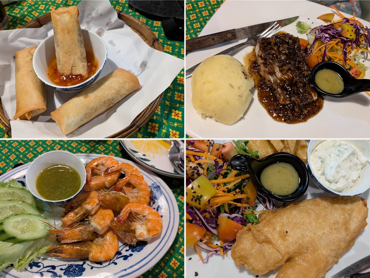 Essens-Collage vom Abendessen auf Koh Phayam: Spring Rolls, Garnelen, Steak, Fish & Chips